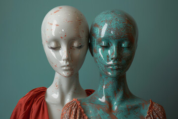 Poster - two mannequins, one male and one female, standing side by side on a solid light green backdrop,