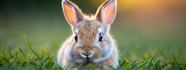 Wall Mural -  A tight shot of a bunny in a lush grass field, bathed in sunlight on its face