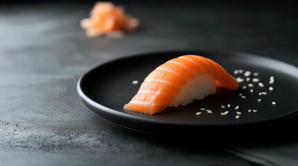 Sushi with salmon on a black plate isolated on a dark background. Sashimi food concept for a Japanese restaurant or sushi bar