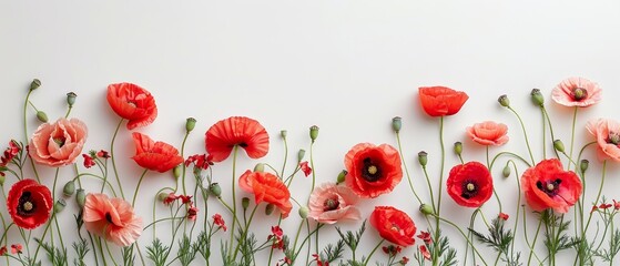 Canvas Print -  Red flowers in a cluster sit atop a white wall, adjacent to a green plant