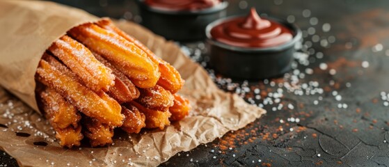 Sticker -  A stack of churros atop wax paper, nearby lies a cup of ketchup