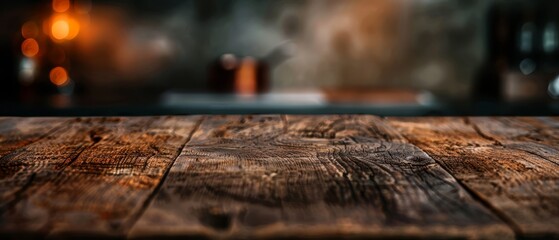 Canvas Print -  A tight shot of a wooden tabletop with hazy lights in the distant background