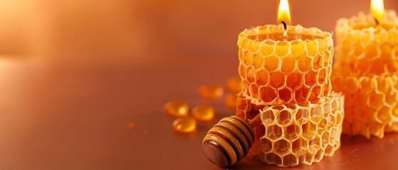 Wall Mural -  A couple of bees atop a table, near a lit candle and a honeycomb