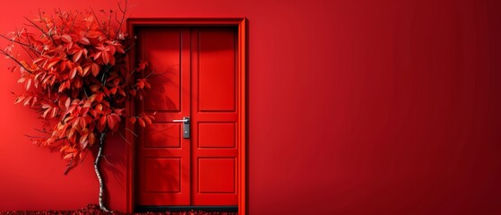 Wall Mural -  A red door in a red room with a tree emerging from it, a red carpet beneath