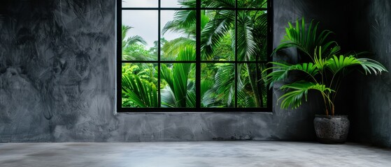 Poster -  A potted plant sits before a window, framing a view of a lush tropical forest outside