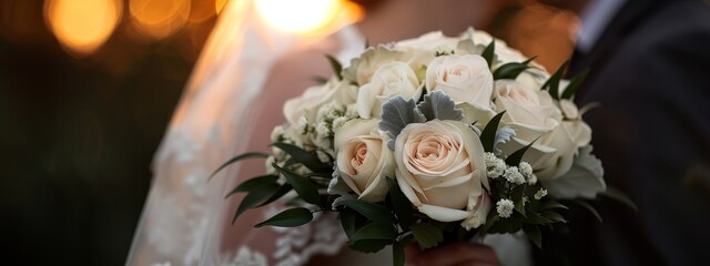 Sticker -  A tight shot of a bride clutching a posy of white roses and verdant greenery against a radiant sunlit backdrop