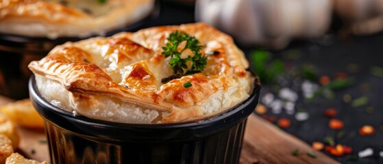 Sticker -  A tight shot of a pot pie on a table, surrounded by more pot pies in the background, resting on a weathered wooden surface