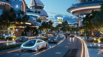 Poster - Capture a futuristic neighborhood with self-driving cars, smart traffic management, and pedestrian-friendly designs that enhance safety