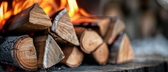 Wall Mural -  A table holds a pile of firewood Nearby, a fire places another pile before it