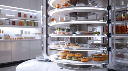 Poster - Capture a futuristic pantry with automated shelving that rotates and organizes food items based on usage and expiration dates.