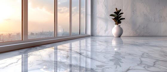 Poster -  A vase holding a plant sits atop a marble floor, in front of a window offering a city view