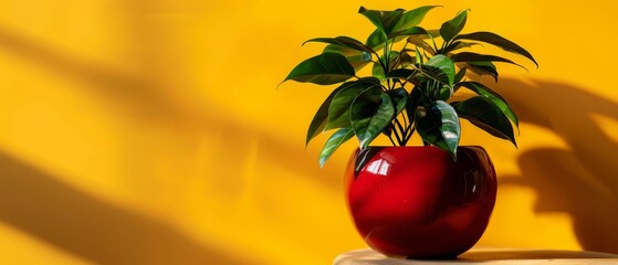 Poster -  A red vase holds a green plant; tabletop scene against a yellow wall Shadow graces the wall behind