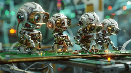 Poster - Capture a scene of robots on an electronics production line, soldering circuit boards and assembling electronic devices with meticulous accuracy.