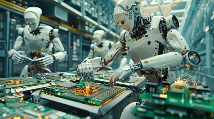 Poster - Capture a scene of robots on an electronics production line, soldering circuit boards and assembling electronic devices with meticulous accuracy.