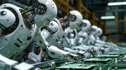 Poster - Capture a scene of robots on an electronics production line, soldering circuit boards and assembling electronic devices with meticulous accuracy.