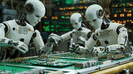 Poster - Capture a scene of robots on an electronics production line, soldering circuit boards and assembling electronic devices with meticulous accuracy.