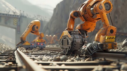 Poster - Capture a scene where robots are laying railway tracks with high precision. Emphasize the advancements in robotics