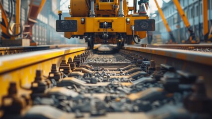 Poster - Capture a scene where robots are laying railway tracks with high precision. Emphasize the advancements in robotics