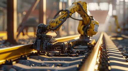 Poster - Capture a scene where robots are laying railway tracks with high precision. Emphasize the advancements in robotics