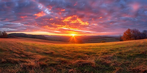 Wall Mural - Breathtaking Autumn Sunset Over Scenic Rural Landscape with Vibrant Sky and Glowing Horizon