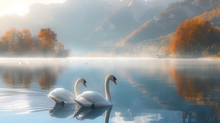 Canvas Print - Two Elegant Swans Gliding Across a Tranquil Autumn Lake Landscape