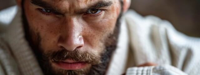 Wall Mural -  A tight shot of a man sporting a goatee and beard gazes intently into the camera, his expression serious