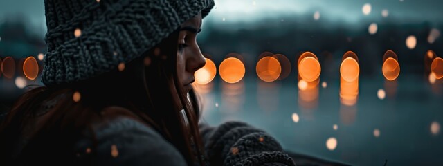 Sticker -  A woman stands in the rain, gazing at distant lights with a turned head