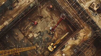 Poster - capture the aerial perspective of construction robots navigating across a site, orchestrating comple