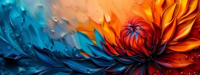 Wall Mural - petals in shades of blue, yellow, red, and orange, dotted with dewdrops