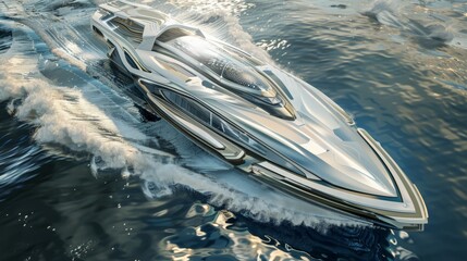 Wall Mural - capture the futuristic design of a ship with sleek, aerodynamic hulls that slice through the water e