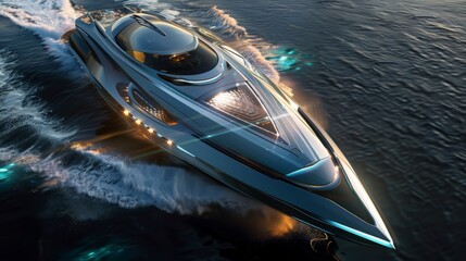 Wall Mural - capture the futuristic design of a ship with sleek, aerodynamic hulls that slice through the water e