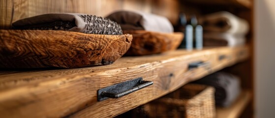 Sticker -  A close-up of a wooden shelf displaying two pairs of scissors