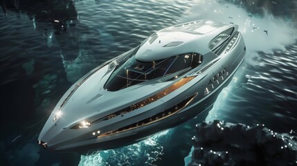 Wall Mural - capture the futuristic design of a ship with sleek, aerodynamic hulls that slice through the water e