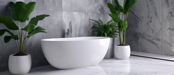 Poster -  A white bathtub sits beside potted plants on a white marble countertop