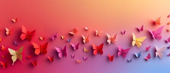 Sticker -  Colorful butterflies fly against a vibrant backdrop of pink, blue, and purple