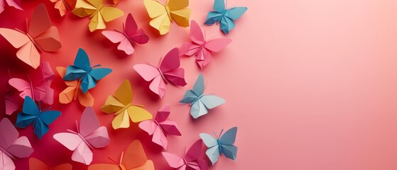 Poster -  A vibrant array of multicolored paper butterflies against a soft pink backdrop Insert text or image here