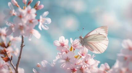 Canvas Print - White Butterfly on Pink Flowers