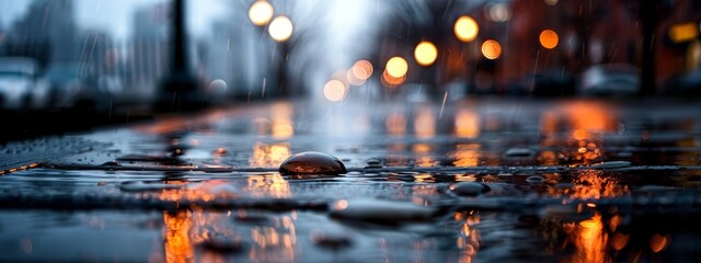 Sticker -  A wet sidewalk dotted with a few drops of water, city street backdrop shrouded in night