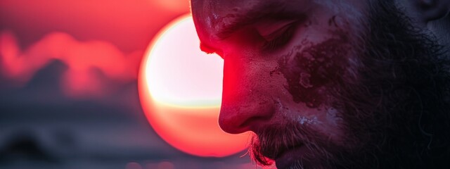 Wall Mural -  A man's face, tightly framed, against a vibrant backdrop of red and yellow Sun resides behind, casting potential golden rays