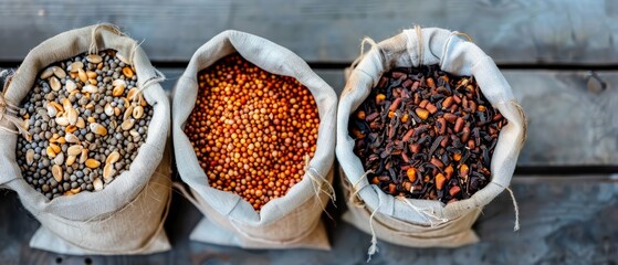 Wall Mural -  Three bags, each holding beans, sit atop separate wooden tables A fourth bag of beans rests nearby on its own table