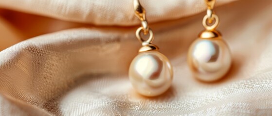 Wall Mural -  A tight shot of pearls on gold-plated earrings against a cloth backdrop