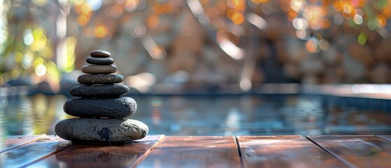 Sticker -  A stack of rocks atop a wooden table, near a swimming pool, surrounded by trees in the background