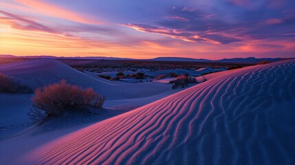 Wall Mural - Capture the peaceful solitude of a desert sunset, with dunes casting long shadows under an expansive, colorful sky