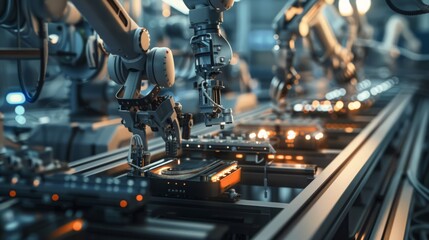 Poster - Capture the precision and efficiency of robots assembling electronic components in a state-of-the-art factory. Highlight