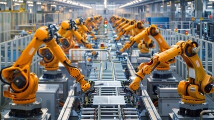 Poster - Capture the precision and efficiency of robots assembling electronic components in a state-of-the-art factory. Highlight
