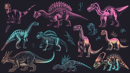 This image features a vibrant collection of various dinosaurs depicted in different poses against a dark background, highlighting their unique shapes and sizes.