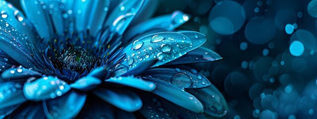 Wall Mural -  A tight shot of a blue bloom dripping with water droplets, backed by a hazy blur of raindrops