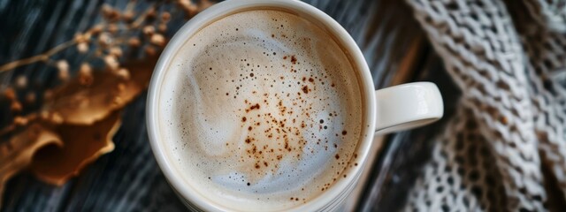 Poster -  A tight shot of a coffee cup, brimmed with steaming beverage Cinnamon specks gracefully adorn its surface