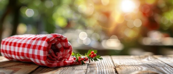 Canvas Print -  A red-and-white checked blanket sits atop a wooden table, adjacent to a red-and-white bloom