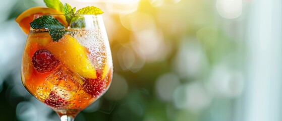 Poster -  A tight shot of a drink inside a stemmed wine glass, adorned with a fruit garnish atop